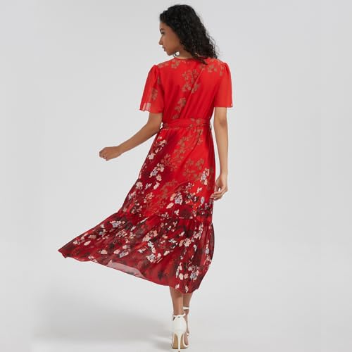 Image of Women's Summer Bohemian Floral Chiffon Dress Cap Sleeve V Neck Ruffle Long Flowy Boho Casual Vacation Dresses