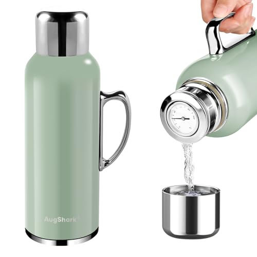 Image of 34 oz Insulated Water Bottle, Green Vacuum Stainless Steel Water Flask Jug with Handle & Metal Mechanical Temperature Measuring Cup Lid, Leakproof Travel Bottle Keep Cold 36h Hot 24h