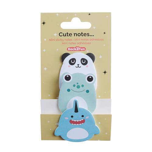 Back2Fun - Mini notas adhesivas animalitos, 3 blocs, 60 hojas, Sticky notes kawaii portátiles para mensajes y etiquetas, Ideales para agendas escolares y libretas con organización divertida, Joy