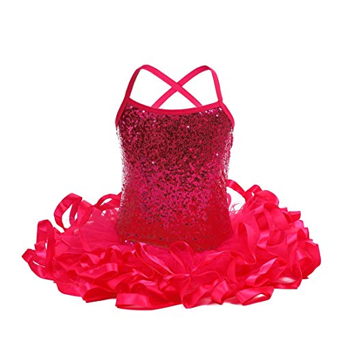 Hot Pink Sequins Cross Back Ribbon Ballet Dress2
