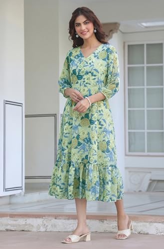 Image of Janasya Women's Light Green Georgette Floral Printed A-Line Dress