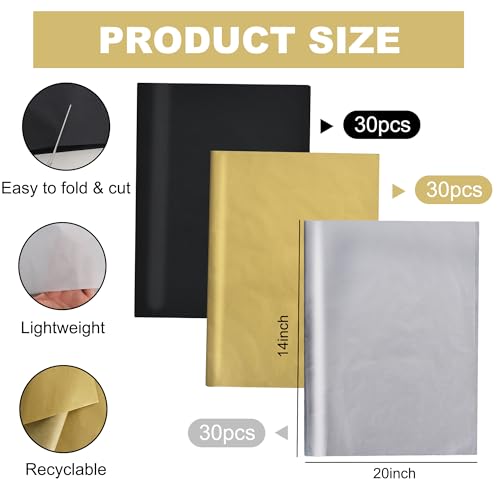 Image of BEISHIDA 90 Sheets Black Gold Silver Tissue Paper Bulk, Metallic Graduation Wrapping Tissue Paper for Gift Bags, 14 x 20 Inch Gift Wrap for Graduation Birthday Wedding DIY Crafts Holiday Flowers