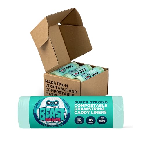 BEAST BIN BAGS, 6 Rolls of 16 x 10 Litre Bags (Total 96 Bags) - Certified Food Waste Bags made from Vegetable and Compostable Material - Extra Strong Compostable Drawstring Caddy Liners