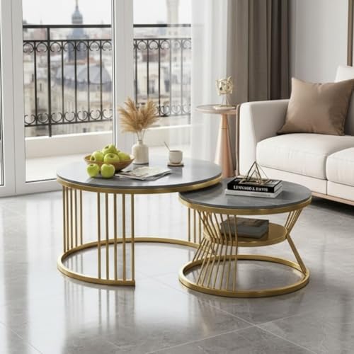 Image of Modern Nested Coffee Table Set of 2 | Round Marble Finish Tabletop with Metal Base | Luxury Center Table for Living Room, Lounge & Office (Grey Gold)