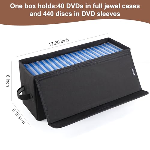 Image of UENTIP DVD Storage Boxes-Pack of 2 DVD CD Case Storage, For Car Home Travel | DVD Holder, 17.25 inchx6.25 inchx8 inch, Foldable Container with Lid, Holds 40 Full Jewel Case DVDs, 80 Slim Case DVDs, 200 Sleeved Discs