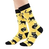 ZENQARI 1 Par de Calcetines Divertidos de Gato Negro - Medias de Algodón y Poliéster Unisex para Amantes de Mascotas, Estilo Casual y Regalos - Amarillo Talla Única