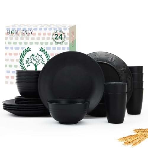 Image of Homienly 24-Piece Wheat Straw Dinnerware Sets,Service for 6 - Cups, Plates and Bowls Sets,Reusable Dishwasher and Microwave Safe Melamine Dinnerware Set for Home,Camping,RVs - Black