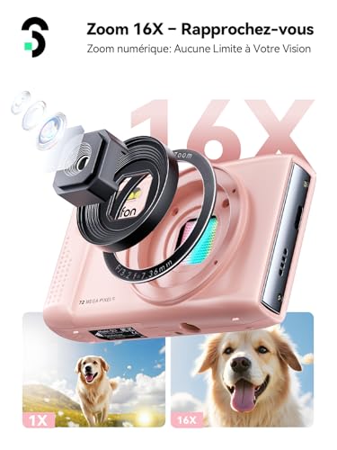 SOOMFON Appareil Photo Numérique Max 72MP avec vidéo 1080P, Digital Camera Zoom 16X 19 Filtres, Appareil Photo Compact avec 2 Batteries et Carte 32 Go, Digital Camera pour Adulte/Débutant/Enfant-Rose – Image 4