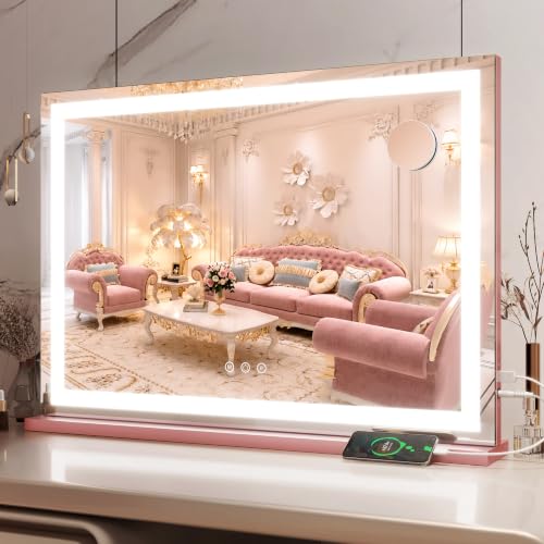 Image of ROLOVE 32 inchx22 inch Large Pink Vanity Mirror with Lights, 10X Magnifier | LED Lighting, 3 Color Modes, Stepless Dimming, Touch Control, Plug-In Power, USB Charging Port, Tabletop or Wall-Mounted Use