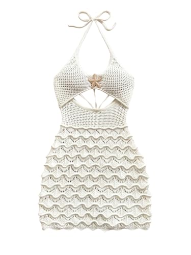 Image of GORGLITTER Women's Vacation Outfit Crochet Halter Knit Bubble Mini Dress Sexy Beach Cruise Summer Miami Resort Outfits