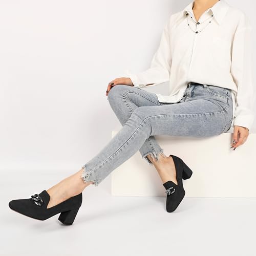 Image of Women Square Toe Pumps Loafers with Metal Buckle Low Heel Shoes Chunky Block Heel Pumps Daily Casual Heels Black Suede Leather US Size 7.5
