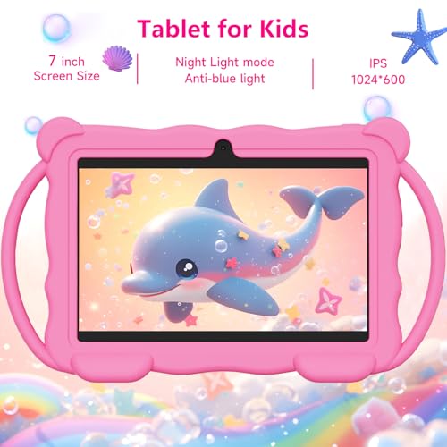 Image of Kids Tablet 7 inch Android 14.0 for Toddler, 4GB RAM 32GB ROM Bluetooth IPS Screen Google Play YouTube Parental Control Dual Camera Shockproof Case for Educational Games (Pink)