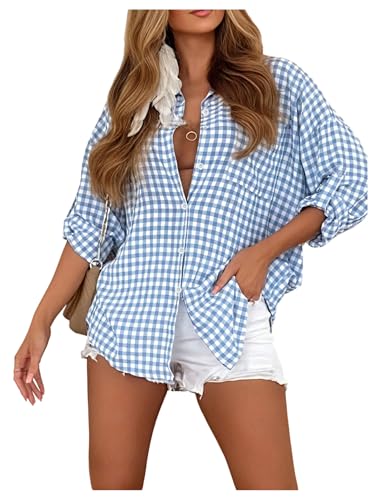 SweatyRocks Women's Roll Up Long Sleeve Button Down Gingham Plaid Shirts Top Casual Collared Blouses