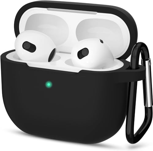 AirPods 3. Nesil ile uyumlu ince hafif silikon kılıf, yumuşak esnek tasarım, anahtarlıklı, kablolu ve kablosuz şarj uyumlu siyah (A2564 A2565 A2566)