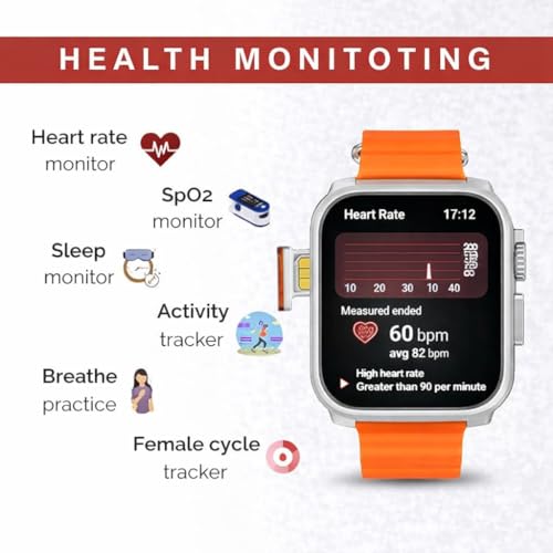 Image of SE HUB GS29 new Smartwatch with 2.02 inch AMOLED Display, 4GB RAM 64GB Storage, 4G /5G SIM Support, Bluetooth Calling, Fitness Tracker & Social Media Apps (Orange)