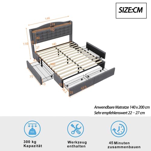 Łóżko tapicerowane ze stolikiem nocnym, USB-C i dużą ilością miejsca do przechowywania | łóżko podwójne 140 x 200 cm, łącznie z 4 szufladami i stelażem | nowoczesna rama łóżka w kolorze lnu