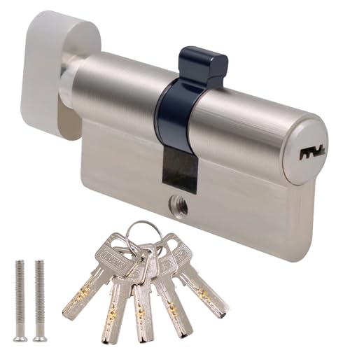 Candado de cilindro euro cromado 30/30 60 mm, cerradura de puerta de alta seguridad con 5 llaves, anti taladro anti palanca anti golpe, adecuado para puertas de madera, uPVC y compuestas