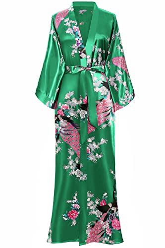 Image of BABEYOND Women's Kimono Robe Long Satin Robes with Peacock and Blossoms Printed Kimono Nightgown