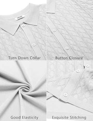 COOFANDY Men's Casual Cable Knit Shirts Button Up Shirts Short Sleeve Shirt Crochet Polo Resort Shirts Slim Fit Shirts White