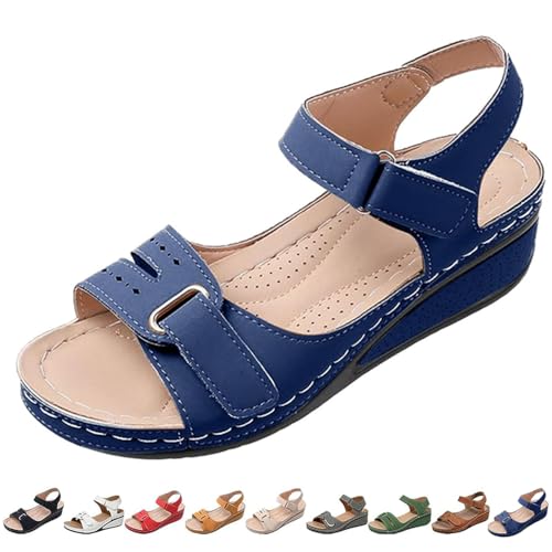 Women Orthopedic Comfort Flex Sandals - Adjustable Straps Platform Wedge Round Head Sandals with Arch Support (Blue,25.0 cm) [���s