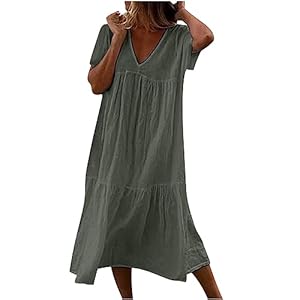 Susenstone Longue Robe Cotton en Line Blanche Col en V Ete Robe Rétro Maxi Robe Lâche Couleur Unie Bohème Ete Mi-Longue Dress Fêter Robe de Vacances à la Plage Ete Vert XXL