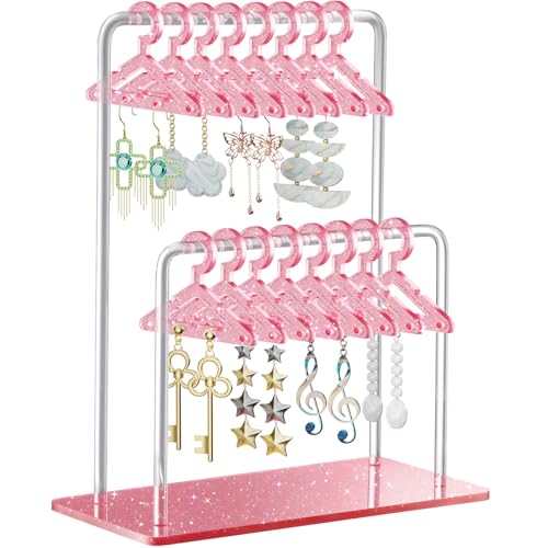 NiHome Glitter Acrylic Earring Holder with Unique Double-Tiered Design, Miniature Clothing Hangers with Spacious Storage for 48 Pairs, Mirror-Finish Display for Home Vanity & Retail Showrooms (Pink)