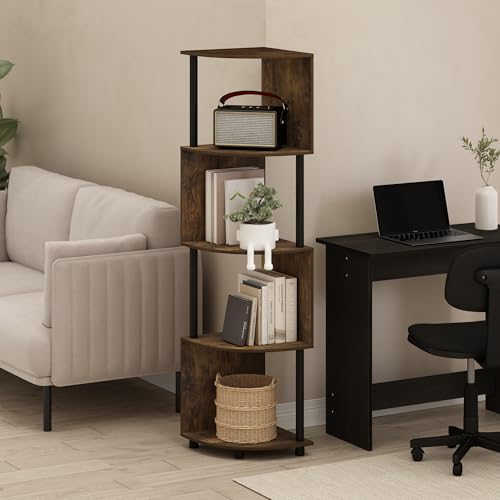 Image of Furinno ECON Corner Shelf, 4-Tier Corner Book Shelf, Zigzag Storage Shelves, Display Rack, Bookshelf, for Organization and Storage, Living Room, Home Office, Amber Pine