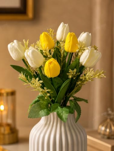 Image of Divyakosh Artificial Flowers Bunch (Vase Not Included). Artificial Flower for Vase Flower Bouquet Gift, 8 Artificial Tulips (5 Ivory White & 3 Soft Yellow), Home Decor for Living Room