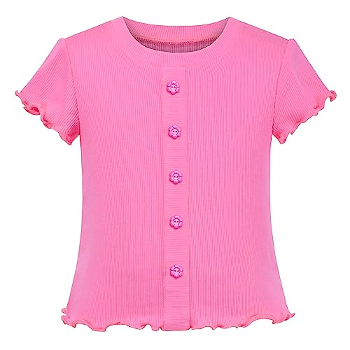 Image of Sunny Fashion Girls T-Shirt Crop Top Brown Lettuce Trim Ribbed Knit Button Casual