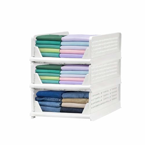 Image of Go Hooked Foldable Wardrobe Organizer with Drawer Style Pull Out Design | Pack of 3 (1Large+2Small) 44x34cm Shelf Storage Box | Heavy Duty Plastic Shirt Stacker for Cupboard, Almirah & Closet | White