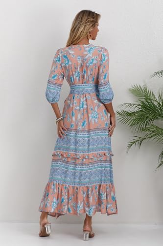 Image of Women Boho High-Waist Floral Print Maxi Dress 3 /4 Sleeve Casual | Soft Rayon, Breathable, Quick-Dry. High-Waist with Adjustable Belt, Flattering Hem. Ideal for Beach, Work & Dating.
