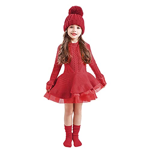 Girls Christmas Sweater Dress Toddler Kids Long Sleeve Solid Color Knit Sweater Dress Casual (Red, 3-4 Years)2