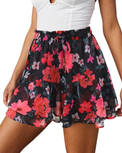Image of Aoudery Flowy Shorts for Women Casual Boho Floral Skorts Ruffle Mini Skirts Running Tennis Butterfly Chiffon Shorts