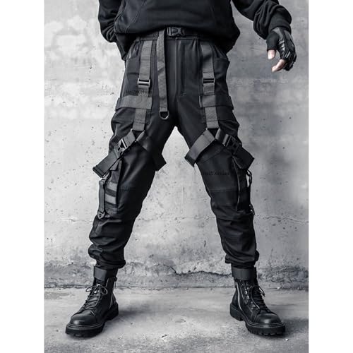 Men's Dark Functional Tactical Cargo Pants Paratrooper Pants with Streamers Mens Techwear Baggy Tapered Trousers3