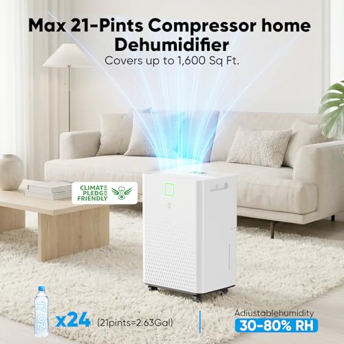 Image of HUMILABS 1600 sq. ft. Dehumidifier for Basement, 21 Pint Dehumidifier for Home with Drain Hose, Auto Modes, 24H Timer, Child Lock, 37dB. Ideal for Bathrooms, Basements, and Large Rooms.