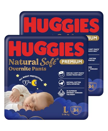 Image of Huggies Natural Soft Premium Overnight pants L 34X2 Combo | Premium Pant Style Baby Diapers Large Size (L Size | 9-14 Kgs), 68 count| Keeps baby dry all night with cloud softness all over