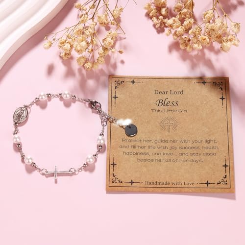 Catholic Cross Bracelet for Girls Charm Bracelet Jewelry Gift for Women First Communion Baptism Confirmation Gifts for Girls Stainless Steel Imitation Pearl Rosary Bracelet3