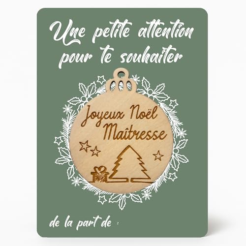 Boule de Noël Bois Gravée “Joyeux Noël Maîtresse” – Carte A6 Personnalisable + Ficelle – Cadeau Élève...