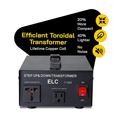 Elc T Series 1000 Watt Voltage Converter Transformer - Step Up/Down - 110V To 220V / 220V To 110V Power Converter - Circuit Breaker Protection, Ce Certified [3-Years Warranty] #TOP2