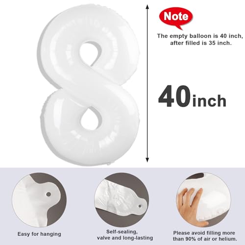 Image of 8 Balloon Numbers Birthday Decorations, 40In White Balloons for Men Women | Eye-catching Appearance, Perfect Decorative Centerpieces, Convenient Self-sealing Structure, Widely for Various Occasions