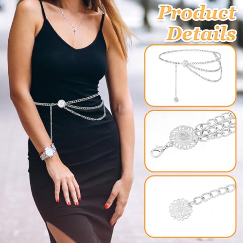 Sliver Chain Belt for Women Multilayer Metal Waist Chain Belts, Fashion Multilayer Adjustable Women Sliver Long Belt Body Belly Jewelry for Dresses Jeans Trousers3