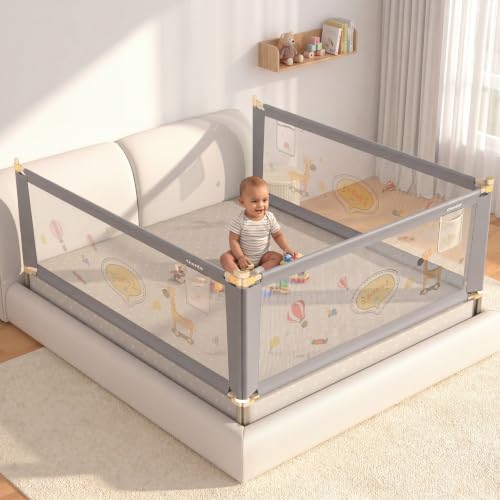 Image of Cherilo Bed Rails for Baby | Pack of 3 (Each Rail: 6ft / 180 cm) | 3 Side Bed Safety Guard for Kids | Foldable & Height Adjustable | Breathable Mesh, Kids-Friendly Prints | Grey (Pack of 3)
