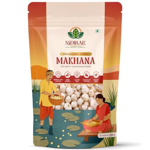 Image of Nidikar Prasadam Jumbo Makhana | Large Size Fox Nuts | Lotus Seed Snack Ingredient | Roasting Cooking and Festive Preparation | 200g