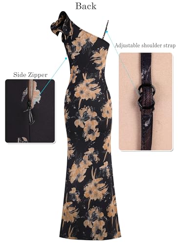 Image of VFSHOW Womens Ruffle One Shoulder Strap Ruched Formal Prom Wedding Maxi Dress V Neck Elegant Split Cocktail Evening Long Gown
