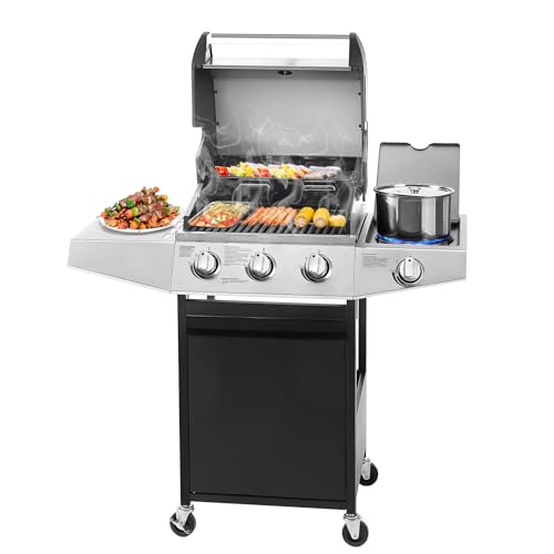 Unovivy 3-Burner Propane Gas BBQ Grill with Side Burner & Porcelain-Enameled Cast Iron Grates Built-in Thermometer, 39,000 BTU Outdoor Cooking, Patio, Garden Barbecue Grill, Black and Silver