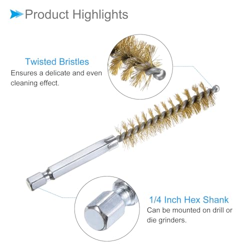 Image of Bore Brush, 13mm Dia 4 Inch Length, Brass Cleaning Wire Brushes with 1 /4 Inch Hex Shank - (Applications: for Power Drill, Die Grinder), 5-Pieces