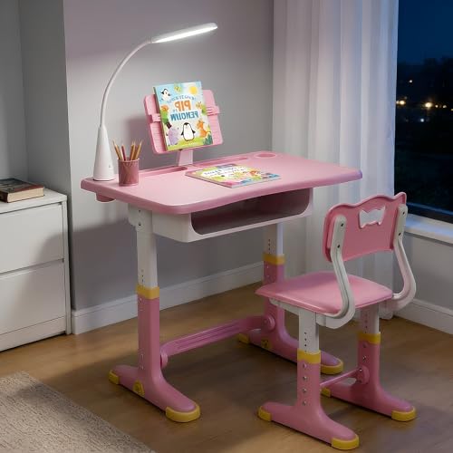 Image of StarAndDaisy Study Table for Kids 5-12 Years Boys & Girls, Adjustable Height Study Table & Chair Set for Kids /Baby, Children with Book Holder & Storage & LED Light, Wide Deck - Pink