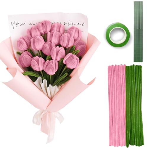 手芸モール ピンク色＊100本＋緑色＊100本 造花 チューリップ 花束 手作りキット お花 モールアート ワイヤーアート 手芸素材 工作モール 人工花茎とフラワーテープ付き 記念日/誕生日/母の日/バレンタインデー 贈り物 DIY手作り用