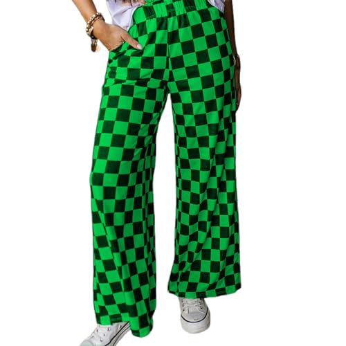Womens Y2K Checkered High Waist Wide Leg Pants Elastic Waistband Trousers with Pockets Lounge Sweatpants Streetwear