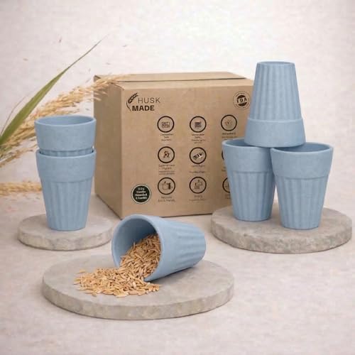 Image of HuskMade Eco-Friendly Tea Cup Set of 6 | Kulhad Style Coffee & Tea Mugs | 140 ml Unbreakable, Stain-Free, Heat Resistant, Reusable, Microwave Safe | Rice Husk & Bamboo Fibre | Light Blue